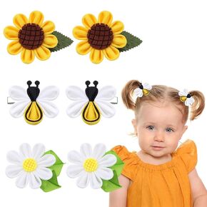 6pcs Sunflower, Honey Bee, and Daisy Hair Bows for Babies, Toddlers, Little Girls, and Teens - Subesty Tiny Flower Clips for Fine and Thick Hair