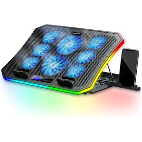 Laptop Cooling Pad RGB Gaming Notebook Cooler for Desk and Lap Use, MOOJAY Laptop Fan Stand 8 Adjustable Heights with 8 Quiet Fans and Phone Holder, for 15.6-17.3 Inch Laptops - Blue LED Light