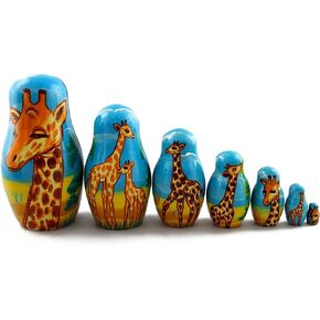 Matryoshka Babushka Russian Nesting Wooden Stacking Doll Giraffes in Africa 7 Pcs
