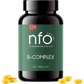 NFO Vitamin B Complex [90 Tablets] Norwegian Natural High-Dose Complex of Multivitamins of Group B in an Easily Accessible Form: B1, B2, B3, B5, B6, B9, B12 for Men and Women Made in Norway