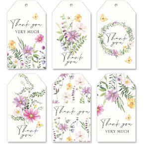 AnyDesign 90Pcs Wildfloral Paper Gift Tags with 100Pcs Hemp Rope Watercolor Wildflower Hanging Tags Wish Labels for Spring Party DIY Celebration Seasonal Gift Decor, 6 Designs
