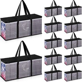 Set of 12 DVD Storage Bags, Media Organizer Bag Hold up to 480 DVDs, Clear Plastic Video Game Storage with Carrying Handles and Zipper, DVD Case Holder Organizer, VHS Box for Movie Disc Record