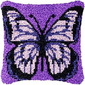 Latch Hook Pillowcase Kits for Starter Purple Butterfly DIY Cushion Latch Hooking Pillow Cover Kits with Preprinted Canvas Crochet Yarn Kits Needlework Crafts 17'' X 17''
