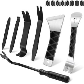 15 Pcs Auto Trim Removal Tool Kit Metal, Car Remover Tool Pry Bar Fastener Remover Door Panel Window Audio Radio Dashboard Removal Tool Set Black