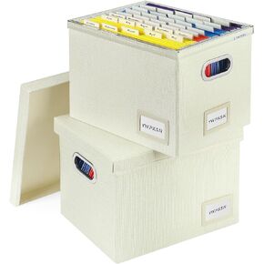 YWPXSN File Organizer Box with Lid - Hanging File Box with One-Piece Plastic Frame - Collapsible Decorative Document Storage Bins for Office Home (Light Grey, 13.2x10.1x10.1in(2Pack))