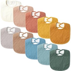POIKSHARK Set of 10 Muslin Baby Bibs for Unisex Boys and Girls, 10 Solid Colors Set for Drooling and Teething