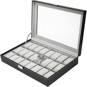NovelBee 24 Slots Watch Boxes,Watch Jewelry Display Case with Framed Glass Lid,Removable Pillows and Secure Lock for Men Women Watch Jewelry Organizer (Grey)
