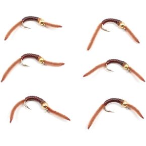 The Fly Fishing Place Trout Nymph Fly - San Juan Worm Power Bead 1/2 Dozen Gold Bead Brown V-Rib #10 - Set of 6 Nymph Wet Flies