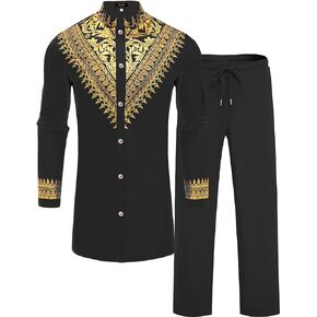 Mens African 2 Piece Set Metallic Traditional Suit Gold Stamp Printed African Dashiki Shirt and Pants Outfit