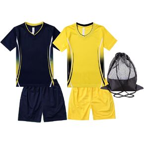 Hiheart Boys 2 Pack Soccer Set Football Team T-shirt and Shorts with Mesh Ball Bag