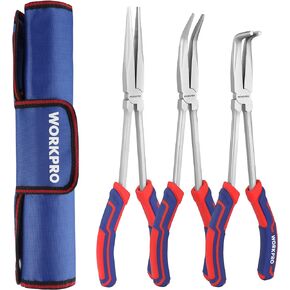WORKPRO 3PC Long Reach Pliers Set, 11 Inch Extra Long Needle Nose Pliers Set Includes Long Reach Straight Pliers, 90° Bent Nose Pliers, 45°Bent Nose Pliers, Pliers Tool Set for Narrow Spaces