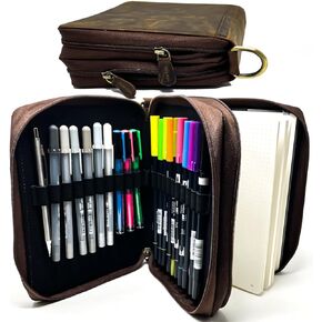 MstrSktch Deluxe Leather Journal Cover and 16 Loop Case for Travel 5.5 x 8.25 A5 Moleskine LEUCHTTURM 1917 Journals Notebooks Planners & Sketchbooks - Double Zipper Combo Design