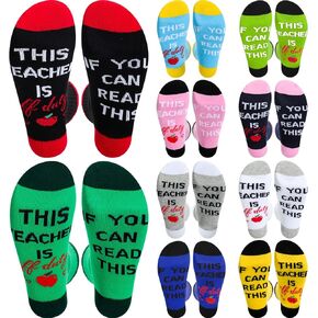 Vicenpal Pairs Teacher Appreciation Gifts Funny Teacher Socks,If You Can Read This,Teacher Is off Duty Teacher,Thank You Gift Idea Unisex Crew Socks Teacher's Day Birthday Christmas Bright Color 6-12