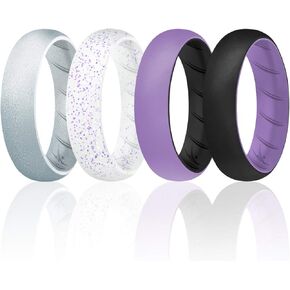 ROQ Silicone Rubber Wedding Ring for Women, Rubber Silicone Wedding Band, Bridal Jewelry Set, Anniversary Rings, Promise Ring, 5.5mm Wide 2mm Thick, 4 Pack, Silver, White, Black, Lavender, Size 4