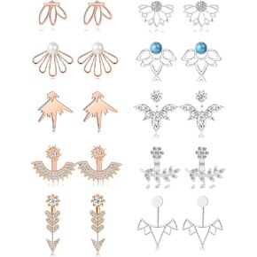 Fxiqini 10 Pairs Lotus Flower Earring Studs Ear Jacket Earrings Chic CZ Leaf Pearl Hollow Ear Jackets for Women Silver Rose Gold Tone