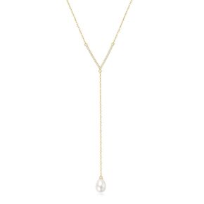 Y Necklace for Women Pearl Drop Necklaces with Freshwater Pearls, Sterling Silver Dainty Pearl Jewelry Elegant Simple Necklaces Wedding Gift