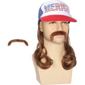 Men Mullet Hat Wig with Mustache 4th July Party Funny Wig Baseball Cap with Hair Attached (Beige)