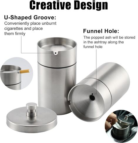 منافض سجائر السيارة المصنوعة من الفولاذ المقاوم للصدأ من Amiss مع غطاء مقاوم للرائحة، صينية رماد محمولة للمدخنين قابلة للفصل ومضادة للرياح، ملحقات السيارة لحامل أكواب السيارة (فضي) in Kuwait