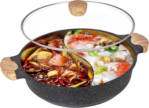 CosCosX 3.8-QT Double-flavor Hot Pot with Divider, Dual-Sided 11Inch Shabu Shabu Pot, Non-Stick Multi-Functional Hotpot Pot with Cover for Electric Induction, Gas Stove, Black in Saudi Arabia