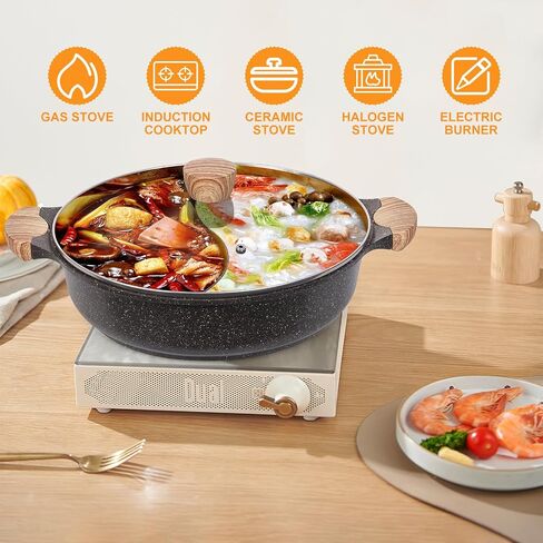 CosCosX 3.8-QT Double-flavor Hot Pot with Divider, Dual-Sided 11Inch Shabu Shabu Pot, Non-Stick Multi-Functional Hotpot Pot with Cover for Electric Induction, Gas Stove, Black in Saudi Arabia