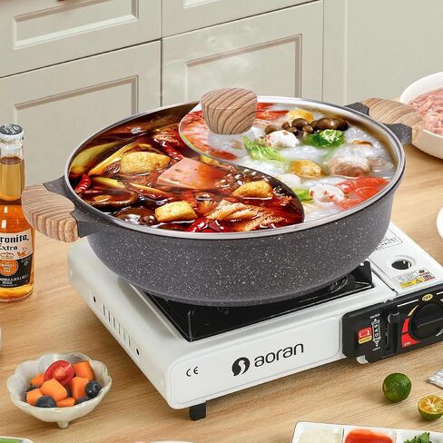 CosCosX 3.8-QT Double-flavor Hot Pot with Divider, Dual-Sided 11Inch Shabu Shabu Pot, Non-Stick Multi-Functional Hotpot Pot with Cover for Electric Induction, Gas Stove, Black in Saudi Arabia