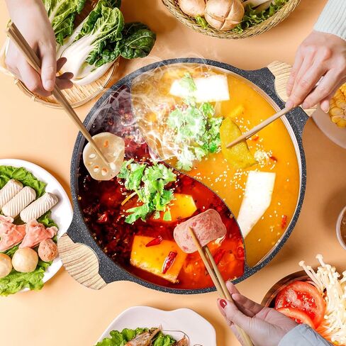 CosCosX 3.8-QT Double-flavor Hot Pot with Divider, Dual-Sided 11Inch Shabu Shabu Pot, Non-Stick Multi-Functional Hotpot Pot with Cover for Electric Induction, Gas Stove, Black in Saudi Arabia