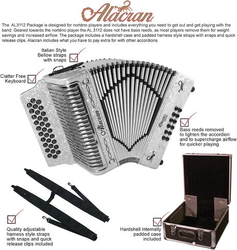 حزمة Alacran AL3112 Accordion: 31 زرًا، 12 Bass Accordion مع علبة صلبة وأشرطة قابلة للتعديل (Fa/FBE، لؤلؤة بيضاء) in Kuwait