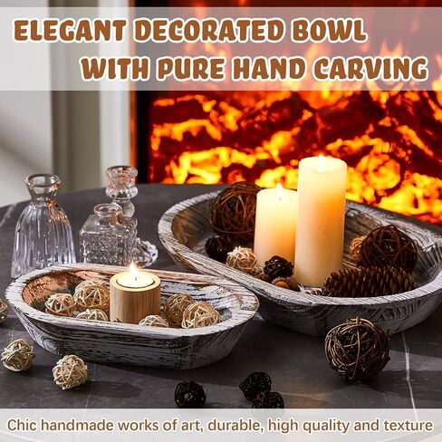 Tessco Decorative Bowls for Home 2 Pcs Wooden Dough Bowl Wooden Bowls Rustic Bread Bowl Long Wooden Bowl for Kitchen Dining Table Home Decoration (Dark Brown,10 x 6 x 2 Inch, 16 x 6 x 2 Inch) in Saudi Arabia