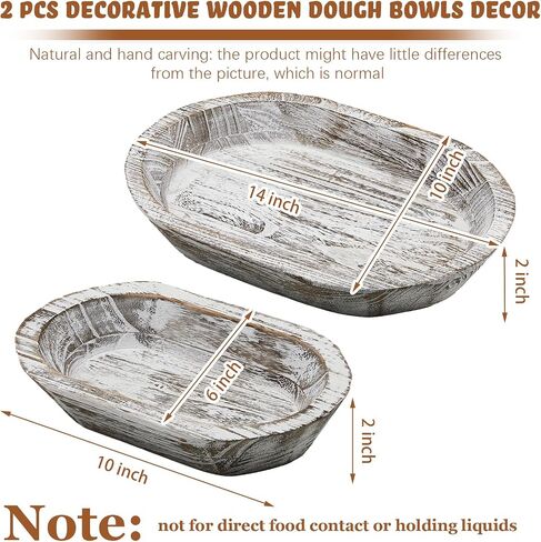 Tessco Decorative Bowls for Home 2 Pcs Wooden Dough Bowl Wooden Bowls Rustic Bread Bowl Long Wooden Bowl for Kitchen Dining Table Home Decoration (Dark Brown,10 x 6 x 2 Inch, 16 x 6 x 2 Inch) in Saudi Arabia