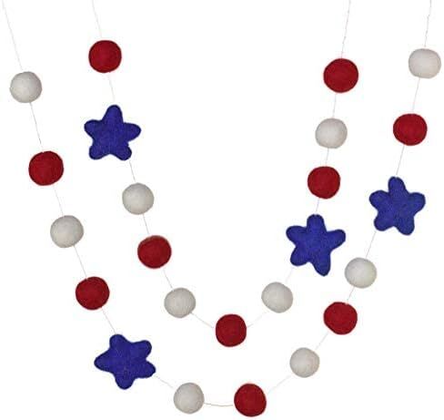 إكليل الرابع من يوليو - أحمر، أبيض مع نجوم زرقاء ملكية - خيط بطول 6 أقدام مع 25 شكل قابل للتعديل، كرات لباد مقاس 1 بوصة - مصنوعة يدويًا من الصوف بنسبة 100% - العلم الأمريكي في يوم الذكرى in Kuwait