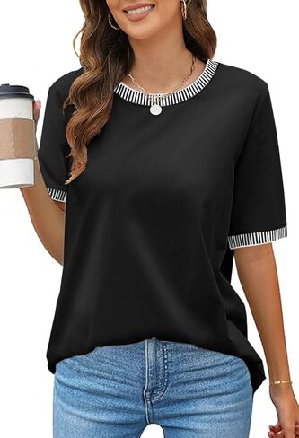 MEROKEETY Women's 2024 Short Sleeve Striped Color Block T Shirts Crewneck Loose Casual Tee Tops in Kuwait