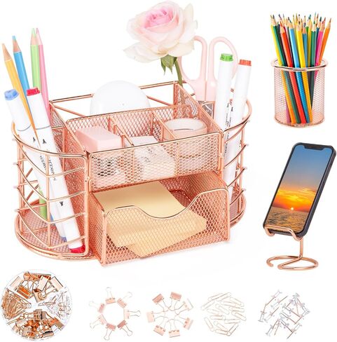 Housmile Rose Gold Desk Organizers and Accessories, Office Desk Accessories with 8 Compartments, Drawer, Pen Holder, Phone Holder, Long tail clip, Paper clips, and H-nails for Office School Home in Saudi Arabia