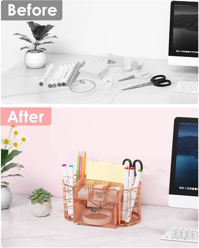 Housmile Rose Gold Desk Organizers and Accessories, Office Desk Accessories with 8 Compartments, Drawer, Pen Holder, Phone Holder, Long tail clip, Paper clips, and H-nails for Office School Home in Saudi Arabia