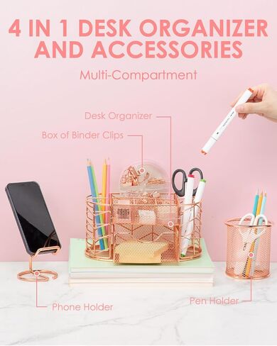 Housmile Rose Gold Desk Organizers and Accessories, Office Desk Accessories with 8 Compartments, Drawer, Pen Holder, Phone Holder, Long tail clip, Paper clips, and H-nails for Office School Home in Saudi Arabia