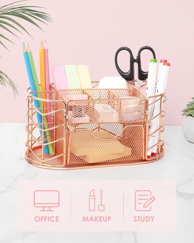 Housmile Rose Gold Desk Organizers and Accessories, Office Desk Accessories with 8 Compartments, Drawer, Pen Holder, Phone Holder, Long tail clip, Paper clips, and H-nails for Office School Home in Saudi Arabia