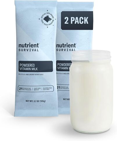 حليب مجفف بالفيتامين من Nutrient Survival (حصتين فرديتين) لوازم التحضير المجففة بالتجميد وإمدادات الطعام في حالات الطوارئ، 21 عنصرًا غذائيًا أساسيًا، خالي من الصويا والغلوتين، ثابت على الرف لمدة تصل إلى 15 عامًا in Kuwait