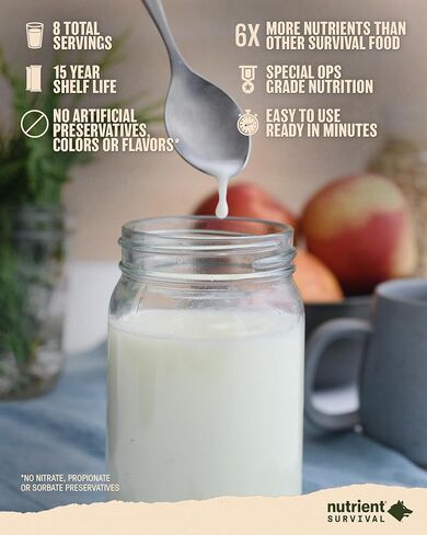 حليب مجفف بالفيتامين من Nutrient Survival (حصتين فرديتين) لوازم التحضير المجففة بالتجميد وإمدادات الطعام في حالات الطوارئ، 21 عنصرًا غذائيًا أساسيًا، خالي من الصويا والغلوتين، ثابت على الرف لمدة تصل إلى 15 عامًا in Kuwait