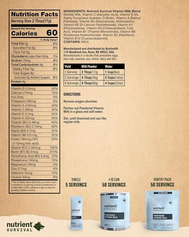 حليب مجفف بالفيتامين من Nutrient Survival (حصتين فرديتين) لوازم التحضير المجففة بالتجميد وإمدادات الطعام في حالات الطوارئ، 21 عنصرًا غذائيًا أساسيًا، خالي من الصويا والغلوتين، ثابت على الرف لمدة تصل إلى 15 عامًا in Kuwait