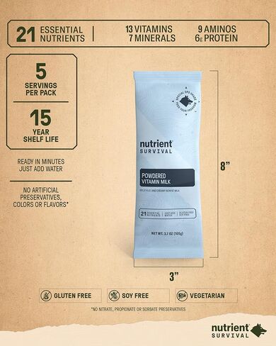 حليب مجفف بالفيتامين من Nutrient Survival (حصتين فرديتين) لوازم التحضير المجففة بالتجميد وإمدادات الطعام في حالات الطوارئ، 21 عنصرًا غذائيًا أساسيًا، خالي من الصويا والغلوتين، ثابت على الرف لمدة تصل إلى 15 عامًا in Kuwait