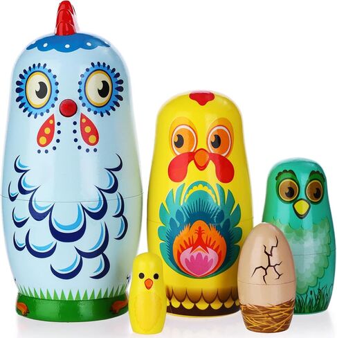 MoonCar Easter Colorful Rabbit or Chicken Russian Nesting Dolls Toys for Child Bunny Wooden Matryoshka Dolls(5 PCS) (Chicken) in Saudi Arabia