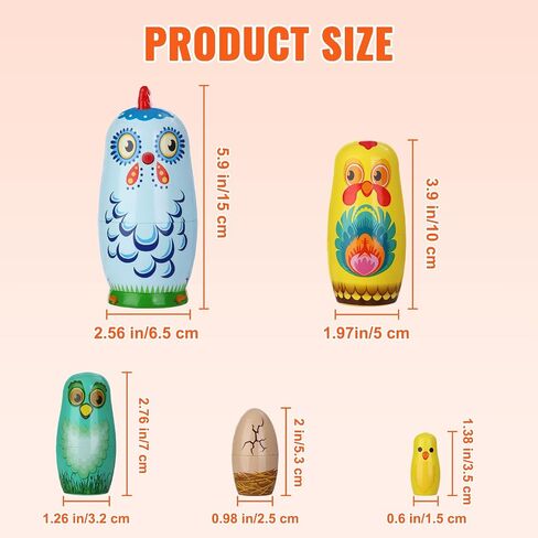 MoonCar Easter Colorful Rabbit or Chicken Russian Nesting Dolls Toys for Child Bunny Wooden Matryoshka Dolls(5 PCS) (Chicken) in Saudi Arabia