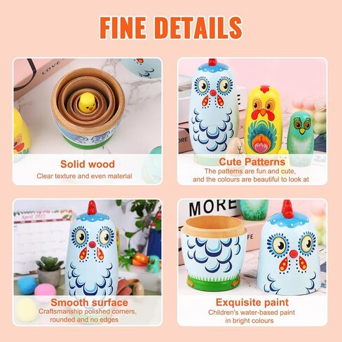 MoonCar Easter Colorful Rabbit or Chicken Russian Nesting Dolls Toys for Child Bunny Wooden Matryoshka Dolls(5 PCS) (Chicken) in Saudi Arabia