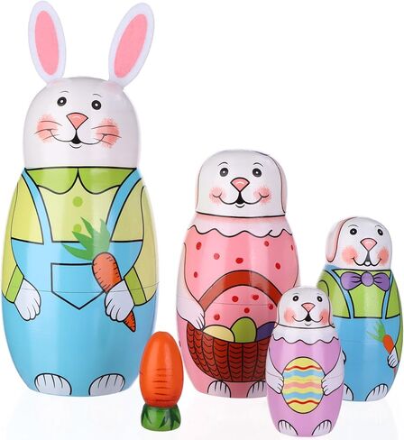 دمى التعشيش الروسية الملونة على شكل أرنب أو دجاج عيد الفصح من MoonCar ألعاب للأطفال على شكل أرنب دمى ماتريوشكا الخشبية (5 قطع) (دجاج) in Kuwait