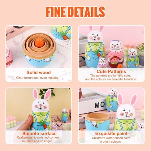 دمى التعشيش الروسية الملونة على شكل أرنب أو دجاج عيد الفصح من MoonCar ألعاب للأطفال على شكل أرنب دمى ماتريوشكا الخشبية (5 قطع) (دجاج) in Kuwait