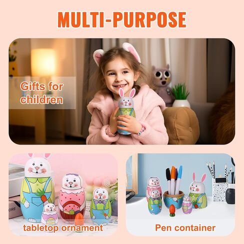 دمى التعشيش الروسية الملونة على شكل أرنب أو دجاج عيد الفصح من MoonCar ألعاب للأطفال على شكل أرنب دمى ماتريوشكا الخشبية (5 قطع) (دجاج) in Kuwait