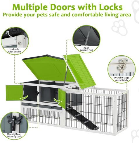 Buymoth أرنب القفص قفص الأرانب في الهواء الطلق مع منطقة مستويين، سقف مقاوم للماء، 4 أبواب الوصول، منحدر غير قابل للانزلاق أقفاص خنزير غينيا حظيرة الدجاج للحيوانات الصغيرة in Kuwait