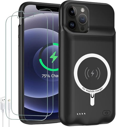 حافظة بطارية لهاتف iPhone 12/12 Pro، أحدث حافظة شاحن محمولة وقابلة لإعادة الشحن بقدرة 10000 مللي أمبير في الساعة وشحن لاسلكي ممتد متوافقة مع iPhone 12/12 Pro (6.1 بوصة) وCarplay (أسود) in Kuwait