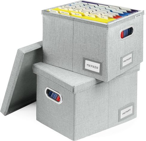 YWPXSN File Organizer Box with Lid - Hanging File Box with One-Piece Plastic Frame - Collapsible Decorative Document Storage Bins for Office Home (Light Grey, 13.2x10.1x10.1in(2Pack)) in Saudi Arabia