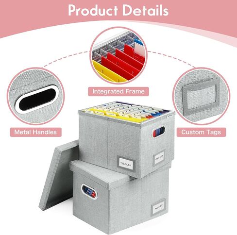 YWPXSN File Organizer Box with Lid - Hanging File Box with One-Piece Plastic Frame - Collapsible Decorative Document Storage Bins for Office Home (Light Grey, 13.2x10.1x10.1in(2Pack)) in Saudi Arabia