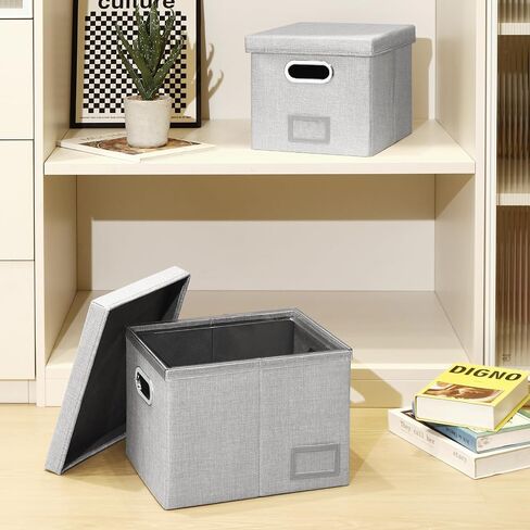 YWPXSN File Organizer Box with Lid - Hanging File Box with One-Piece Plastic Frame - Collapsible Decorative Document Storage Bins for Office Home (Light Grey, 13.2x10.1x10.1in(2Pack)) in Saudi Arabia